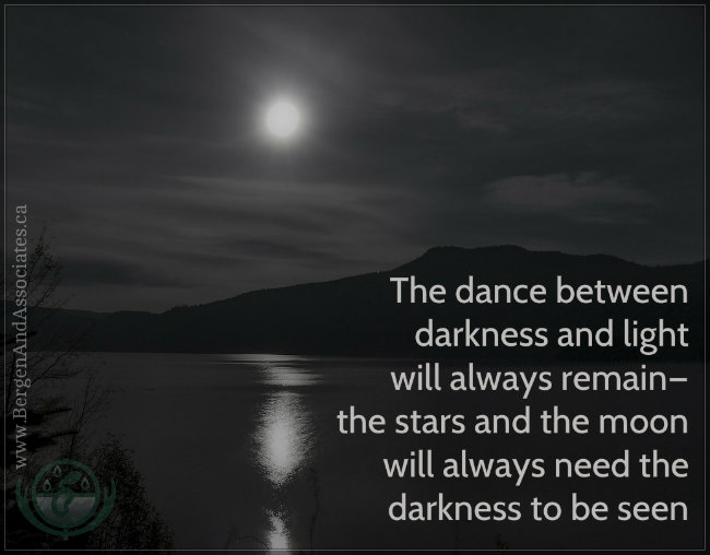 The dance between darkness and light will always remain— the stars and the moon will always need the darkness to be seen, Quote by C. Joybell C. Poster by Bergen and Assocaites Counseling in Winnipeg